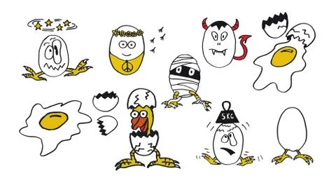Funny doodle set of crazy eggs in cartoon style Stock Illustration