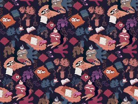 Funny doodle style colored seamless pattern with stay home concept. Stock Illustration
