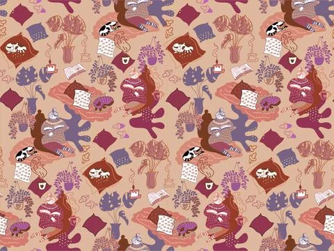 Funny doodle style seamless pattern with stay home concept. Stock Illustration