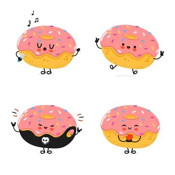 Funny Doughnut characters bundle set. Vector hand drawn doodle style cartoo.. Stock Illustration