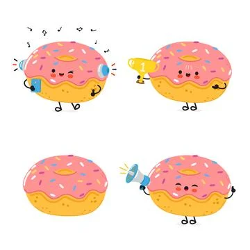 Funny Doughnut characters bundle set. Vector hand drawn doodle style cartoo.. Stock Illustration