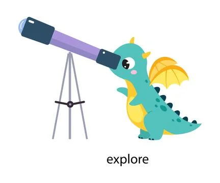 Funny Dragon Character Exploring Stars in Telescope Demonstrating English Verb Stock Illustration