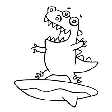 Funny dragon surfer caught a wave. Vector illustration. Stock Illustration