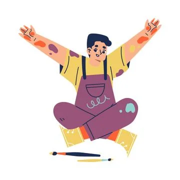 Funny Drawing Boy Sitting with Brush and Paint Stain on Clothes Vector Stock Illustration