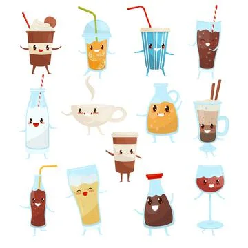 Funny Drinks with Faces and Arms Like Coffee Cup and Soda Glass with Straw Big Stock Illustration
