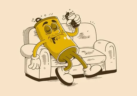 Funny Drunk Soda Can character Relaxing on Couch Stock Illustration