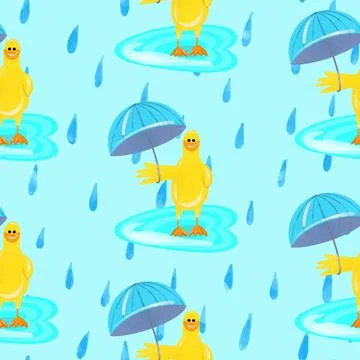 Funny duck in the rain seamless pattern Stock Illustration