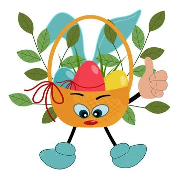 Funny Easter basket with bunny ears and eyes and thumb up. Stock Illustration