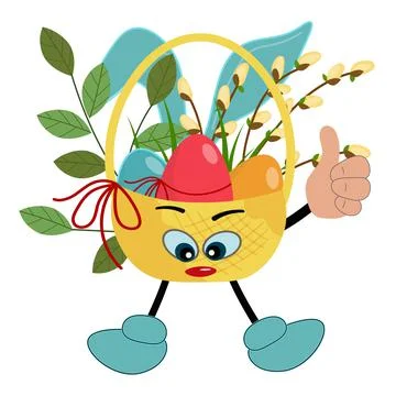 Funny Easter basket with bunny ears and eyes and thumb up. Stock Illustration