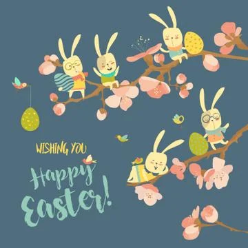 Funny easter bunnies with flowering branches Stock Illustration