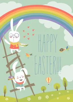Funny easter bunnies with rainbow Stock Illustration