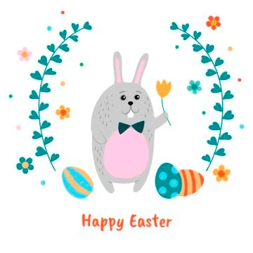 Funny Easter bunny and painted eggs. Stock Illustration