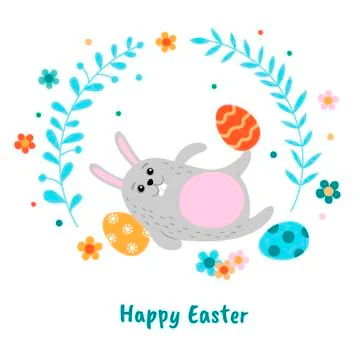 Funny Easter bunny and painted eggs. Stock Illustration
