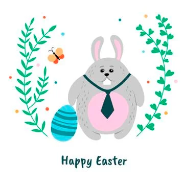Funny Easter bunny and painted egg. Vector illustration. Stock Illustration