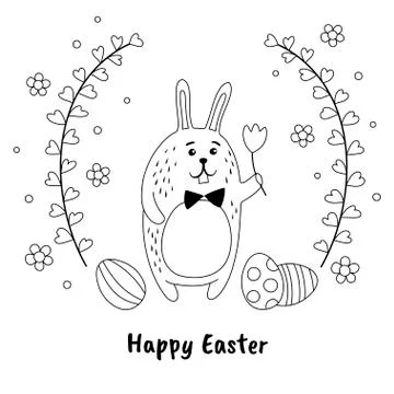 Funny Easter bunny and painted eggs in hand-drawn style. Black and white vect Stock Illustration