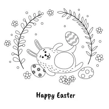 Funny Easter bunny and painted eggs in hand-drawn style. Black and white vect Stock Illustration