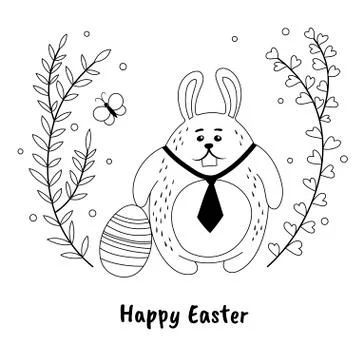 Funny Easter bunny and painted egg in hand-drawn style. Black and white easte Stock Illustration