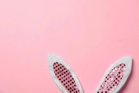 Funny Easter bunny ears on color background, top view with space for text 스톡 사진