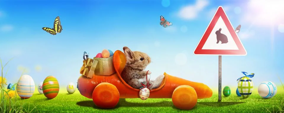 Funny Easter bunny. Happy Easter holiday concept. Stock Photos