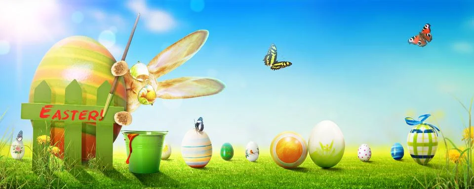 Funny Easter bunny. Happy Easter holiday concept. Stock Photos