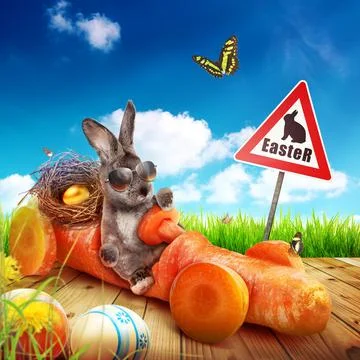 Funny Easter bunny. Happy Easter holiday concept. Stock Photos