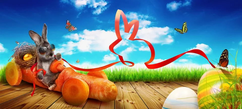 Funny Easter bunny. Happy Easter holiday concept. Stock Photos