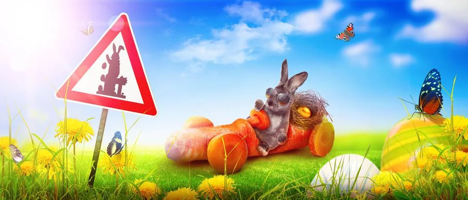 Funny Easter bunny. Happy Easter holiday concept. Stock Photos