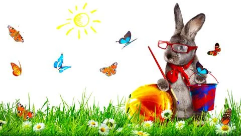 Funny Easter bunny. Happy Easter holiday concept. Stock Photos