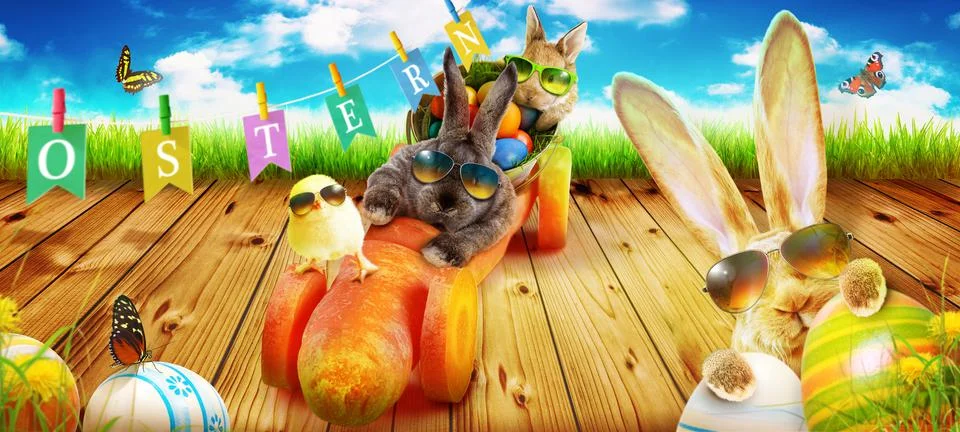 Funny Easter bunny. Happy Easter holiday concept. Stock Photos