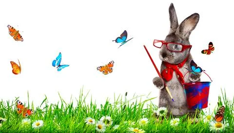 Funny Easter bunny. Happy Easter holiday concept. Stock Photos