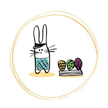 Funny Easter Bunny in the hat, shorts and a box of elegant eggs. Stock Illustration
