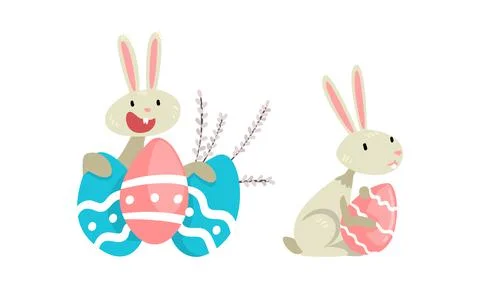 Funny Easter Bunny with Long Ears and Grey Coat with Decorated Eggs Vector Set Illustrazione stock