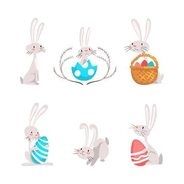 Funny Easter Bunny with Long Ears and Grey Coat with Decorated Eggs Vector Set Stockillustratie