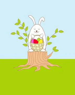 Funny easter bunny siting on the stump with a basket Stock Illustration