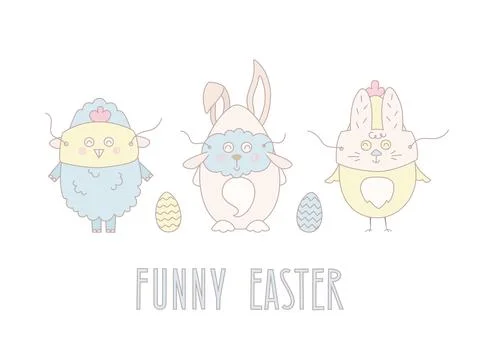 Funny Easter characters with masks for card, banner. Vector illustration with Illustrazione stock