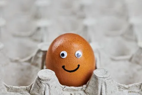 Funny easter chicken egg face in paper egg tray Stock Photos