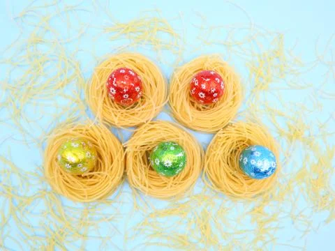 Funny Easter Composition with Nest Pasta Stock Photos