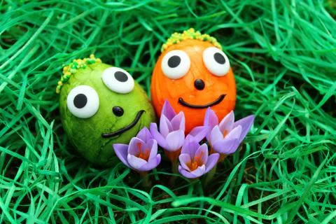 Funny easter eggs and crocus Stock Photos