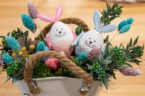 Funny easter eggs cute bunny. Creative Easter egg decoration ideas with easte Stock Photos
