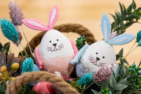 Funny easter eggs cute bunny. Creative Easter egg decoration ideas with easte Stock Photos