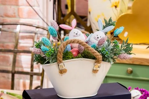 Funny easter eggs cute bunny. Creative Easter egg decoration ideas with easte Stock Photos