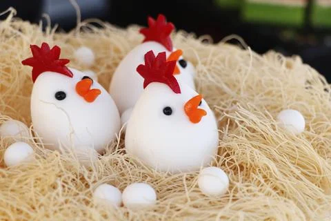 Funny easter marzipan art chicken cake dessert Stock Photos