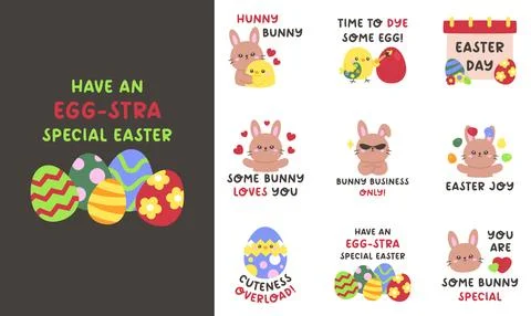 Funny Easter Quote Sticker Set in Cute Cartoon Style Stock Illustration