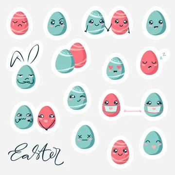 Funny Easter sticker pack. Kawaii eggs. Love in the distance. Set of cartoon  Stock Illustration