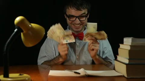 Funny ecstatic rich nerd man with money 库存影片 22427286