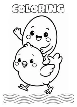 Funny Egg anc Chick Playing Characters Coloring Page イラスト素材
