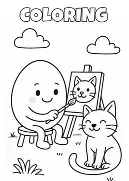 Funny Egg and Cat Characters Coloring Page イラスト素材