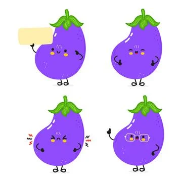 Funny Eggplant characters bundle set. Vector hand drawn doodle style cartoo.. Stock Illustration
