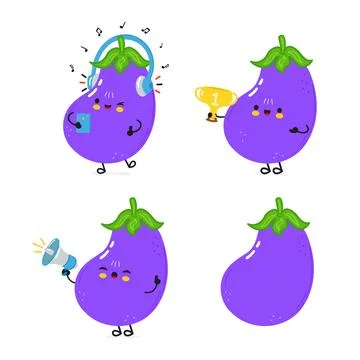 Funny Eggplant characters bundle set. Vector hand drawn doodle style cartoo.. Stock Illustration