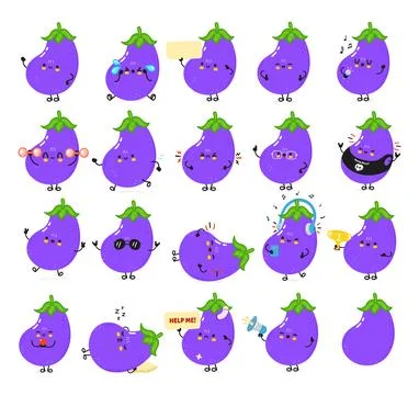 Funny Eggplant characters bundle set. Vector hand drawn doodle style cartoo.. Stock Illustration